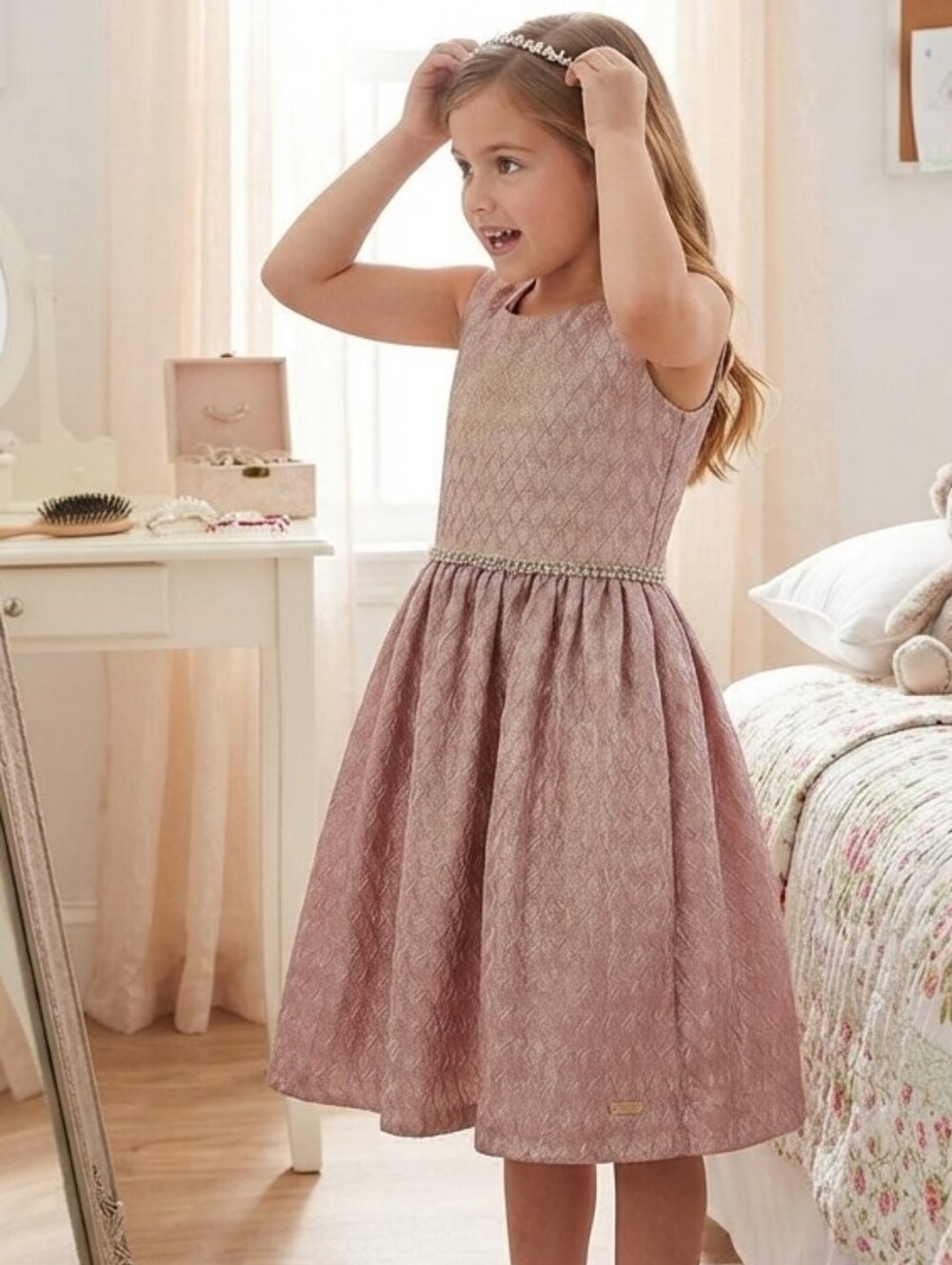 Tahari Girls Cream Floral Lace Overlay A-Line Dress, Sz-6X, GUC